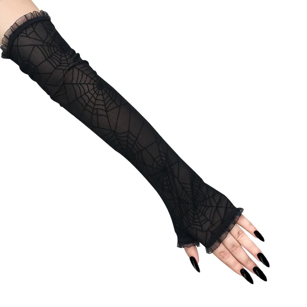 Black spiderweb gloves with a side view of the fingerless opening.