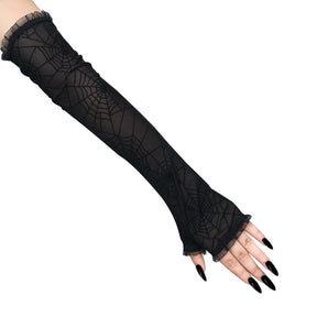 Black spiderweb gloves with a side view of the fingerless opening.