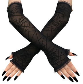 Black spiderweb gloves shown in a crossed-arm view with ruffled edges.