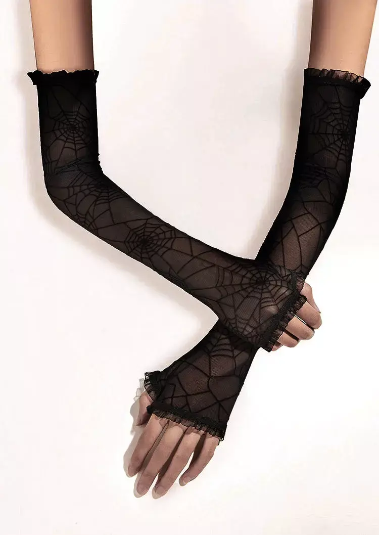 Black spiderweb gloves worn with fingers interlaced and the long web panels visible.