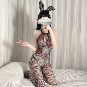 Black spiderweb fishnet bodystocking with a halter neckline, front keyhole, and full-length patterned legs