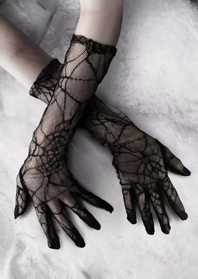 Black spiderweb gloves in a second existing full-finger styling photo; both available options are fingerless.