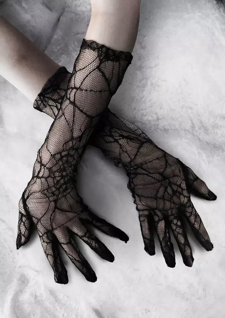 Black spiderweb gloves in a second existing full-finger styling photo; both available options are fingerless.