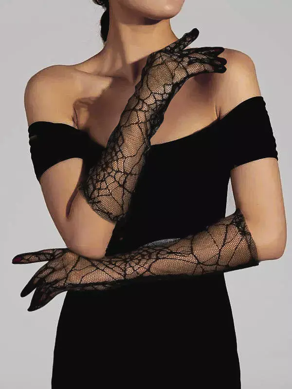 Black spiderweb gloves in an existing full-finger outfit photo; the supplied options are fingerless.