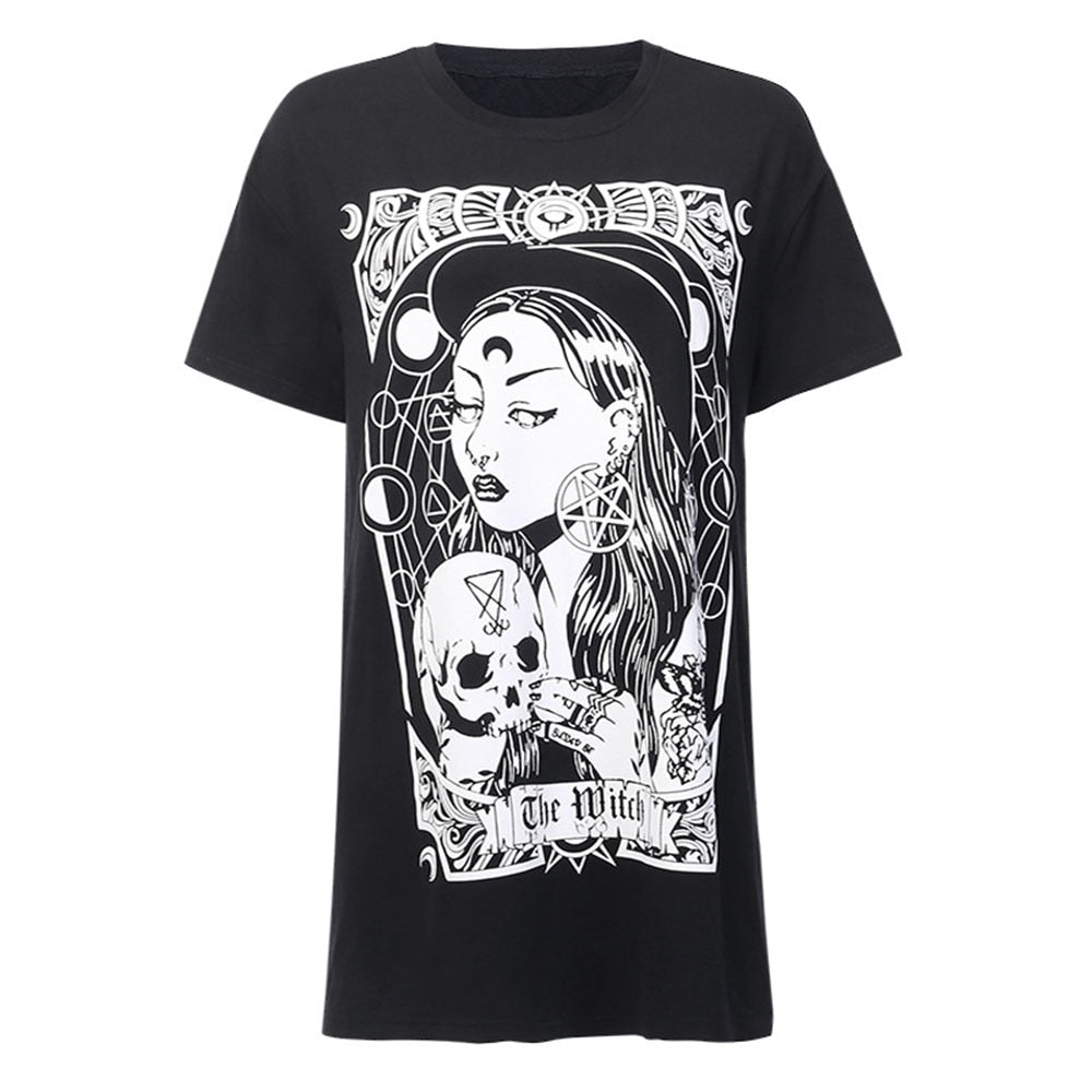 Black The Witch tarot-style graphic T-shirt displayed alone on white.