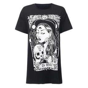 Black The Witch tarot-style graphic T-shirt displayed alone on white.