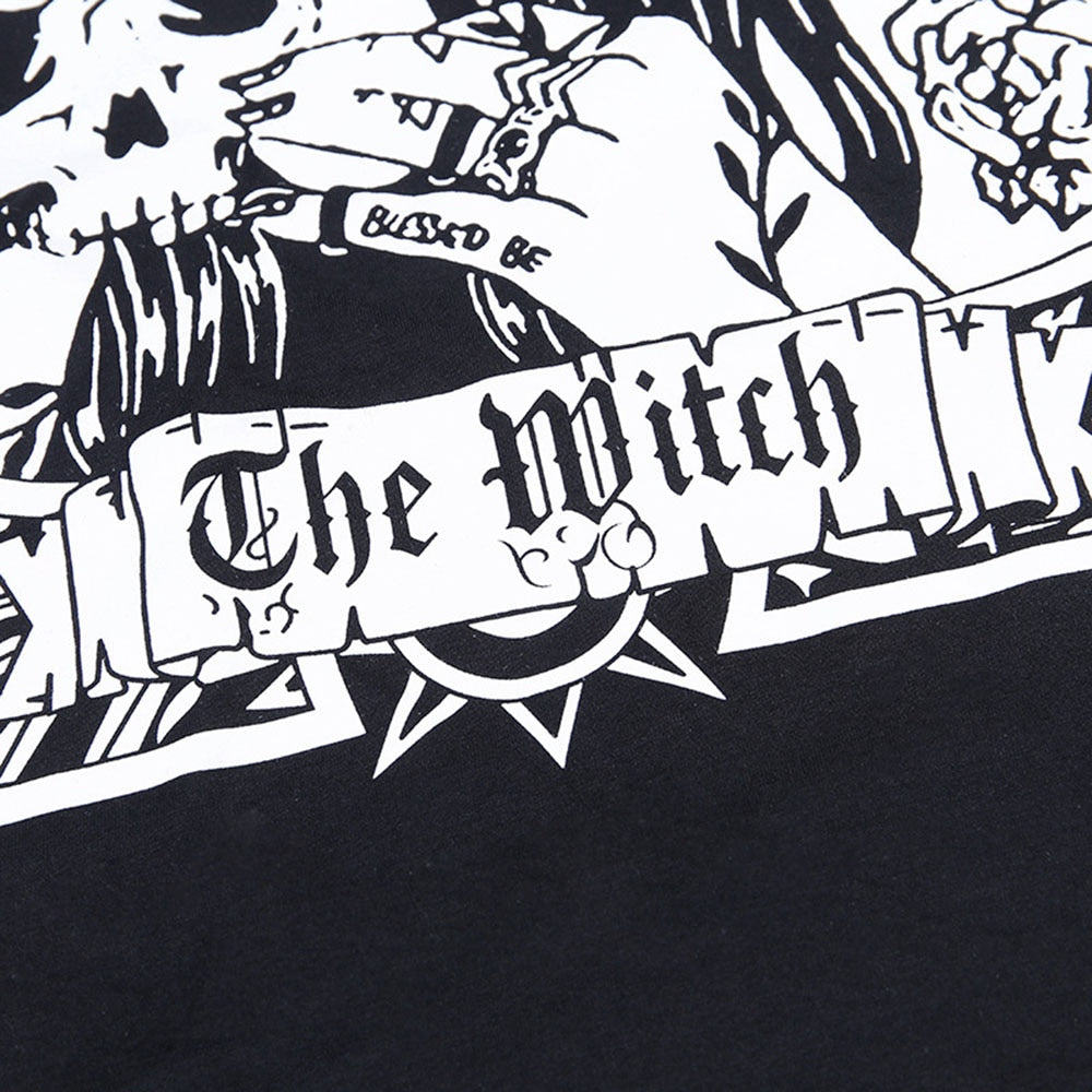 Black The Witch tarot-style graphic T-shirt with a close view of The Witch banner.