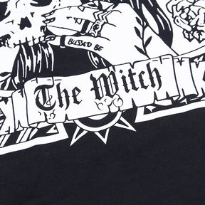 Black The Witch tarot-style graphic T-shirt with a close view of The Witch banner.