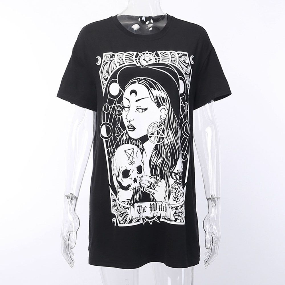 Black The Witch tarot-style graphic T-shirt displayed from the front on a clear mannequin.
