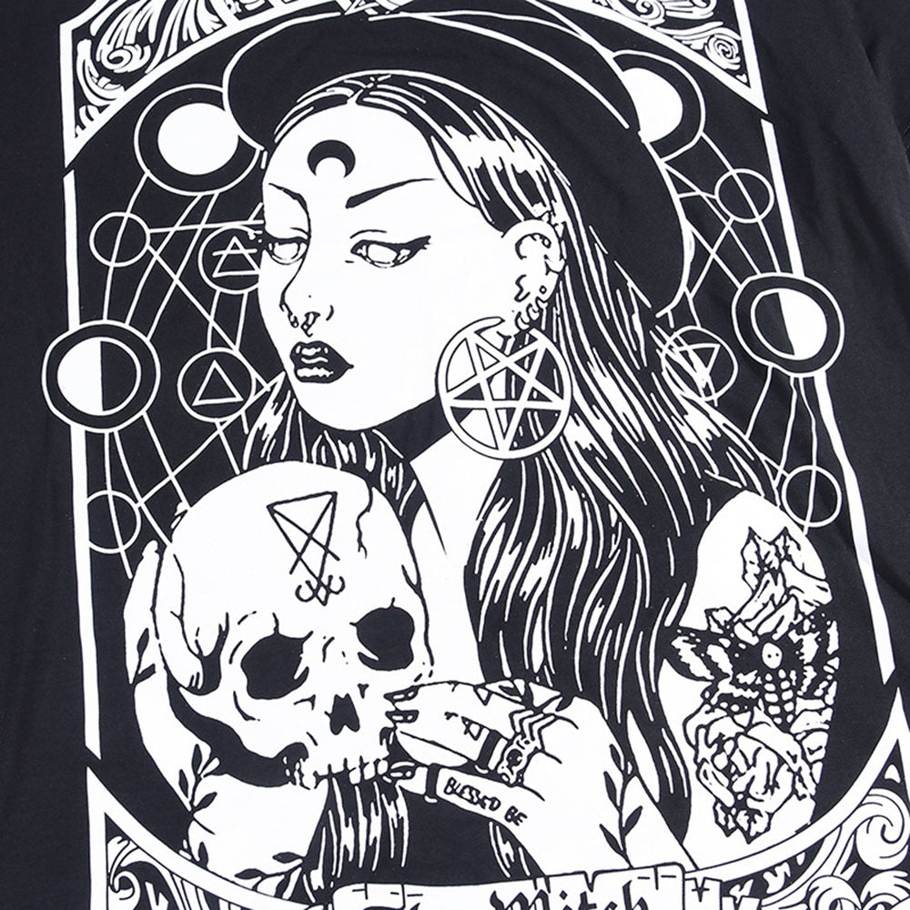 Black The Witch tarot-style graphic T-shirt with a close worn view of the portrait and skull.