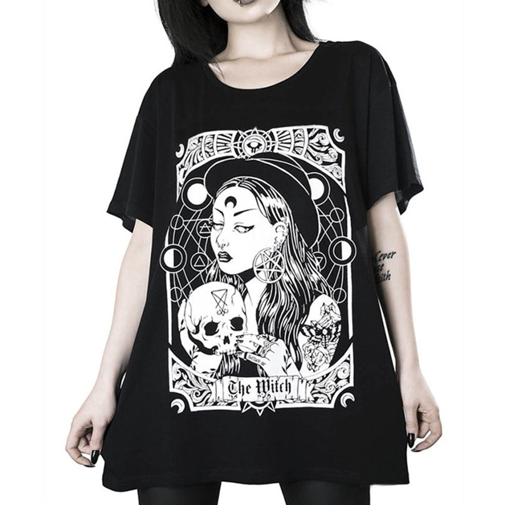 Black The Witch tarot-style graphic T-shirt worn with the full front artwork visible.