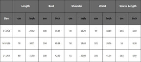Black The Witch tarot-style graphic T-shirt size chart showing S, M and L garment measurements.