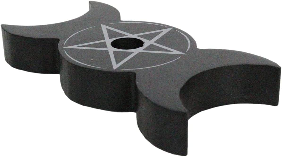 Three-quarter view of the black triple moon holder against white, with crescent cutouts on either side of the pentagram.