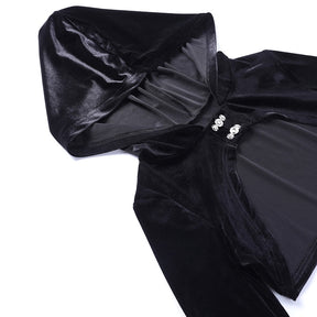 The black hooded bolero arranged flat on white, with the hood open and one long bell sleeve extending toward the lower corner.