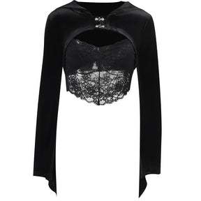 Black velvet bolero displayed with a separate floral lace camisole against white, showing two ornate clasps and long flared sleeves. The camisole is a styling piece.