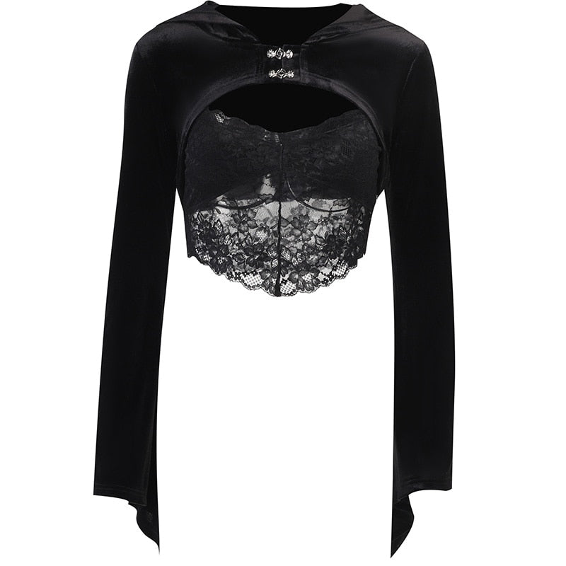 Black velvet bolero displayed with a separate floral lace camisole against white, showing two ornate clasps and long flared sleeves. The camisole is a styling piece.