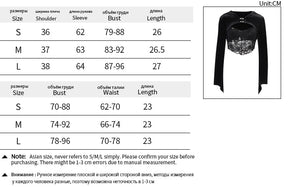 Size chart for the velvet overlay in S, M and L, listing shoulder, sleeve, bust and length in centimetres. A second table gives measurements for the pictured camisole, which is not included.