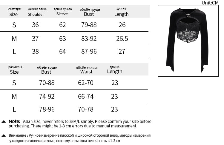 Size chart for the velvet overlay in S, M and L, listing shoulder, sleeve, bust and length in centimetres. A second table gives measurements for the pictured camisole, which is not included.