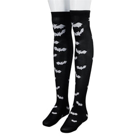 Black over-the-knee stockings with white bats shown on mannequin legs.