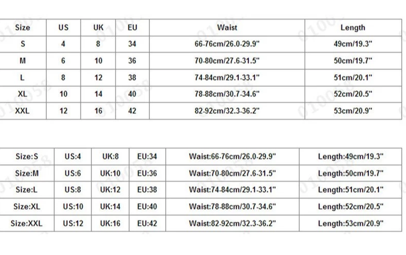 Size chart for the Witch Craft skirt, listing waist ranges and skirt lengths for S through XXL.