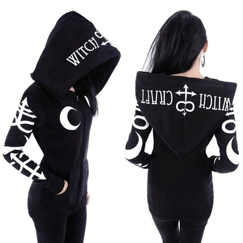 Front and back outfit views of a black zip-up witchcraft hoodie with white sleeve symbols and a large printed hood.