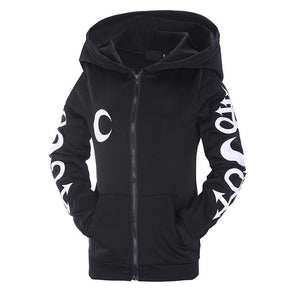 Additional flat front view of the black hoodie with a white chest moon and bold sleeve artwork.