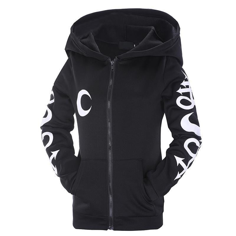 Additional flat front view of the black hoodie with a white chest moon and bold sleeve artwork.