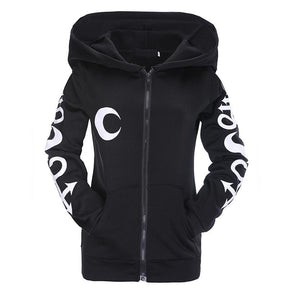 Black witchcraft hoodie laid flat from the front, showing the full zipper, front pockets and white crescent graphic.