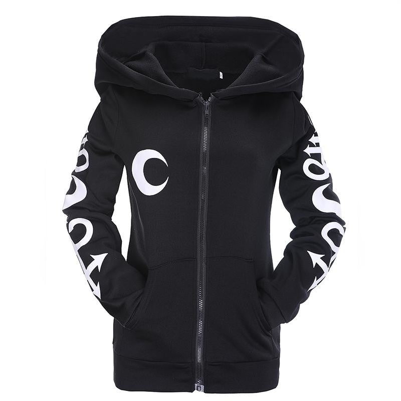 Black witchcraft hoodie laid flat from the front, showing the full zipper, front pockets and white crescent graphic.