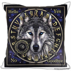Black square cushion cover with a blue-eyed wolf portrait centered inside a circular alphabet, gold-tone printed borders and a small Celtic-style planchette design.