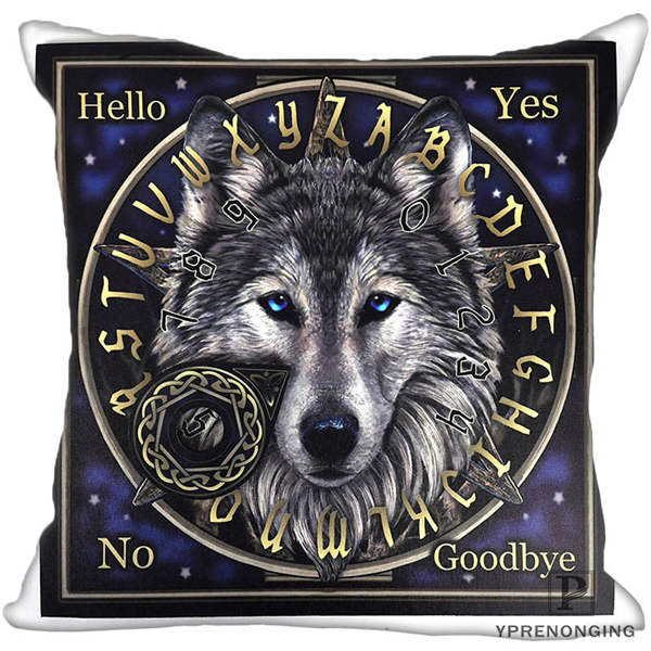 Black square cushion cover with a blue-eyed wolf portrait centered inside a circular alphabet, gold-tone printed borders and a small Celtic-style planchette design.