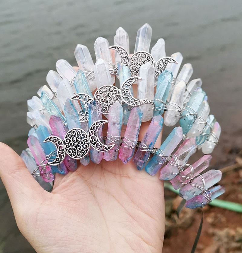 Three light crystal crowns displayed as a group, combining blue-clear, clear and pastel points with matching silver-tone moon motifs.