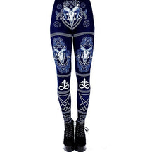 Ram skull and pentagram print leggings in Blue, shown from the front.