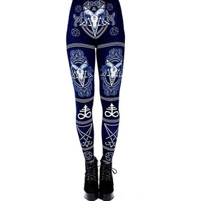 Ram skull and pentagram print leggings in Blue, shown from the front.