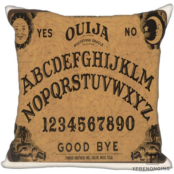 Brown square Ouija pillow cover showing a classic board layout with sun and moon faces, black alphabet arcs, numbers and Good Bye lettering.
