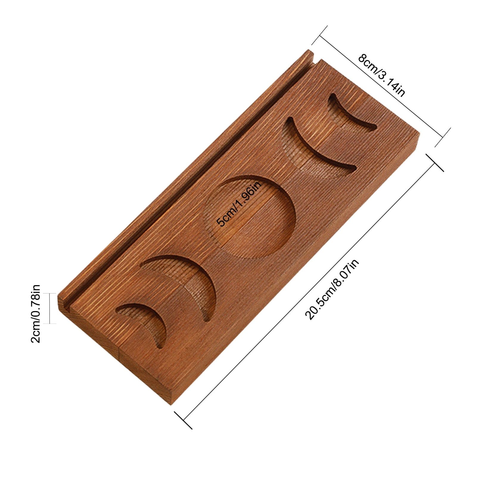 Measurement guide for the brown wooden tarot stand, showing 20.5cm length, 8cm width, 2cm height and a 5cm centre circle.