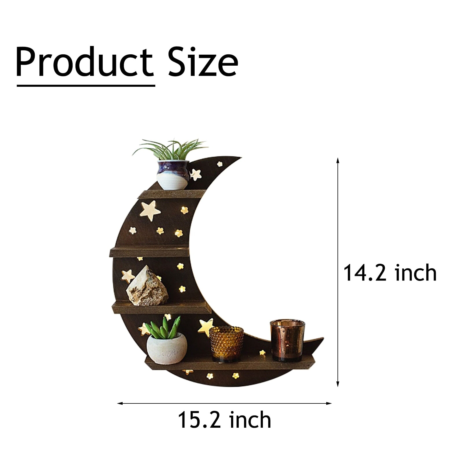 Brown crescent moon shelf measurement guide labeling the overall height 14.2 inches and width 15.2 inches, with plants and decorative objects shown for styling.
