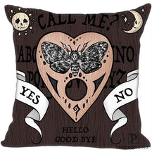 Brown wood-pattern square pillow cover with Call Me lettering, a large printed moth planchette, sun and crescent moon faces, and white Yes and No banners.