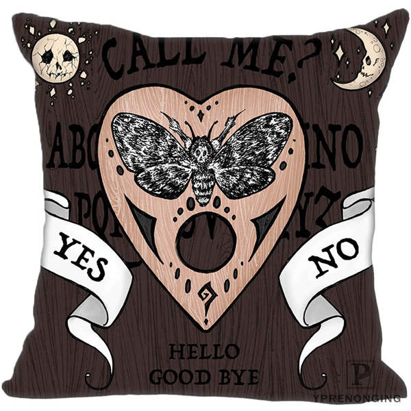 Brown wood-pattern square pillow cover with Call Me lettering, a large printed moth planchette, sun and crescent moon faces, and white Yes and No banners.