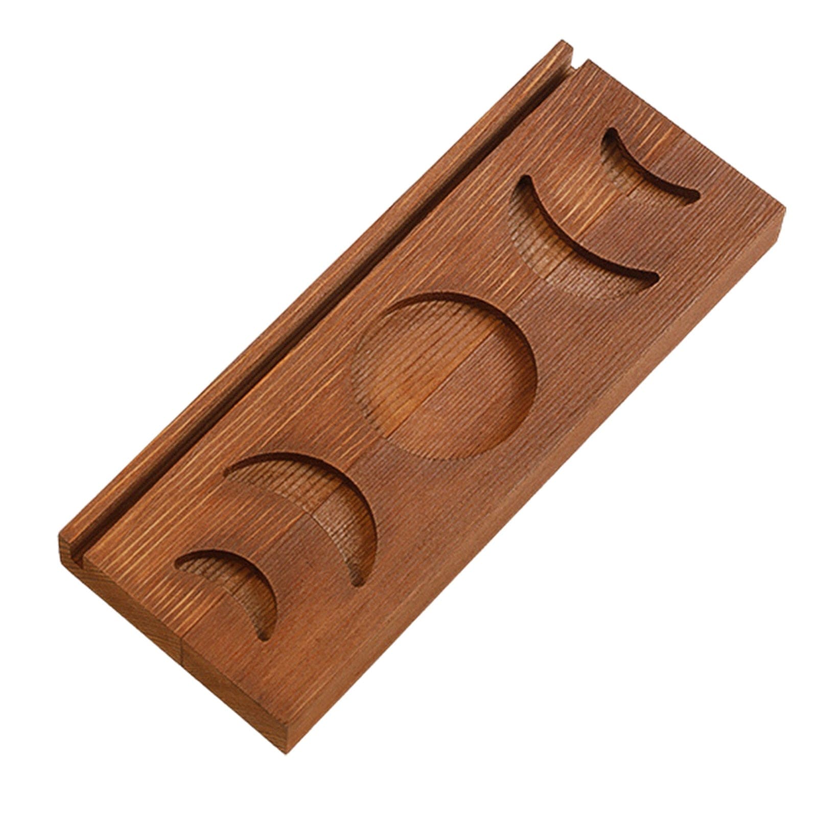 Brown wooden moon phase card stand isolated against white at an angle, with a central circle flanked by four crescent recesses.