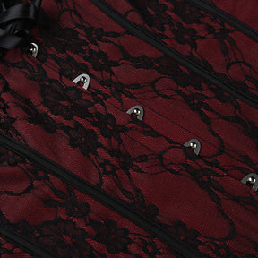 Burgundy strapless corset top with black floral lace with a close view of an individual front clasp.