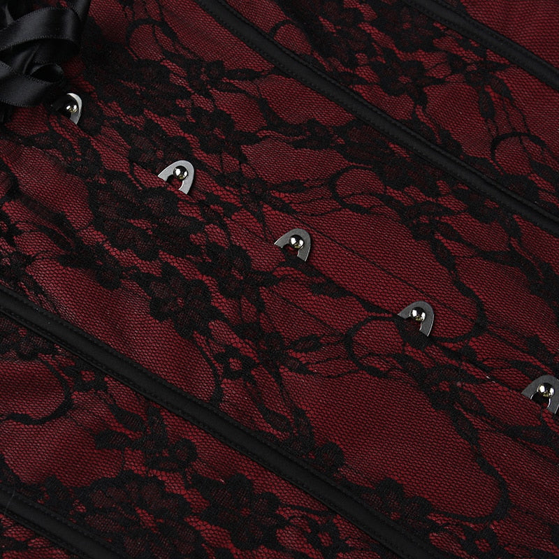 Burgundy strapless corset top with black floral lace with a close view of an individual front clasp.