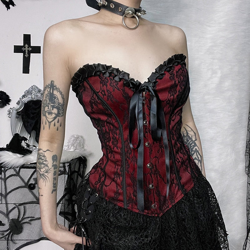 Burgundy strapless corset top with black floral lace shown in a closer front view.
