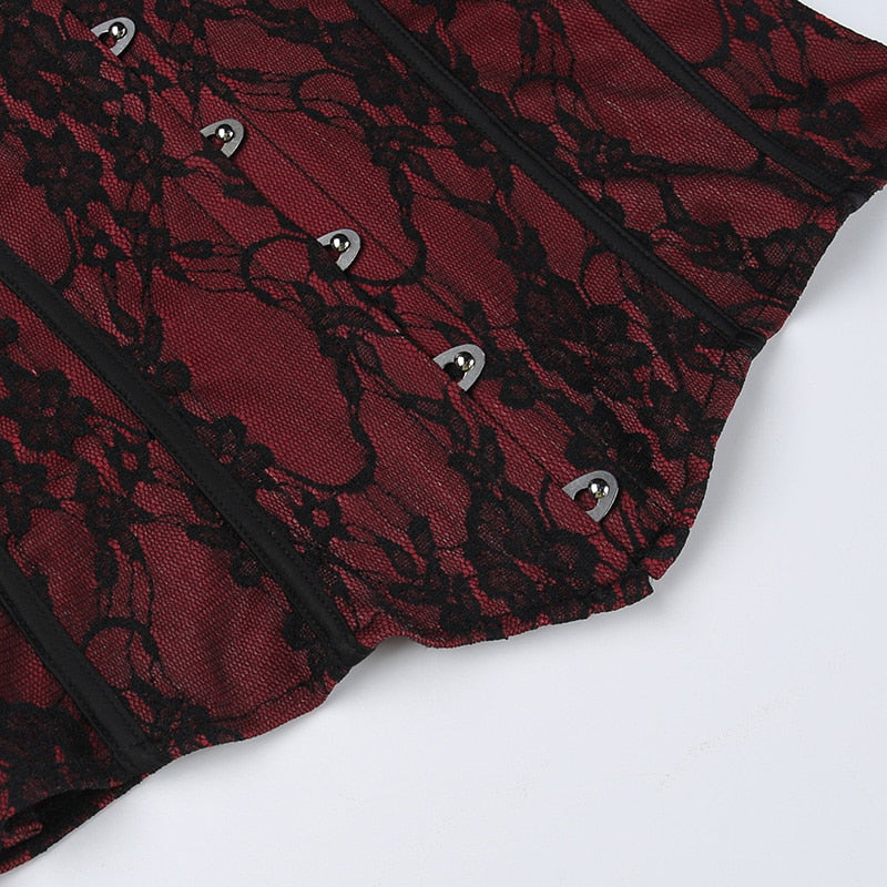 Burgundy strapless corset top with black floral lace with a close view of the front clasp fastenings.