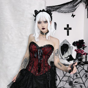 Burgundy strapless corset top with black floral lace shown in a full front outfit view.