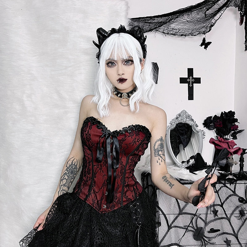 Burgundy strapless corset top with black floral lace shown in a full front outfit view.