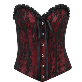 Burgundy strapless corset top with black floral lace displayed alone on white.