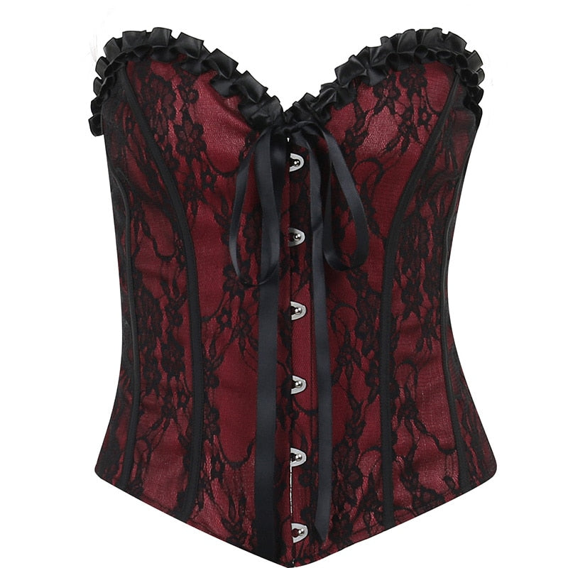 Burgundy strapless corset top with black floral lace displayed alone on white.