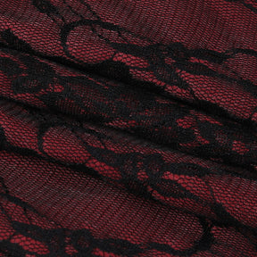 Burgundy strapless corset top with black floral lace with a close view of the black floral lace over burgundy.