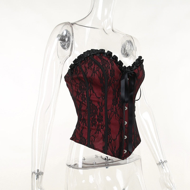 Burgundy strapless corset top with black floral lace displayed at an angle on a mannequin.